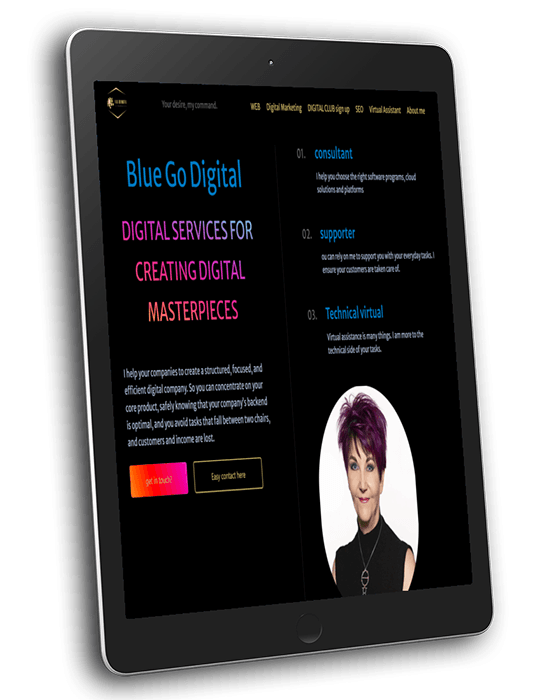 image of a tablet with the webpage Blue Go Digital